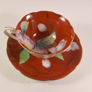 RARE !! Kyokuto Orange teacup and saucer with large flower Japan